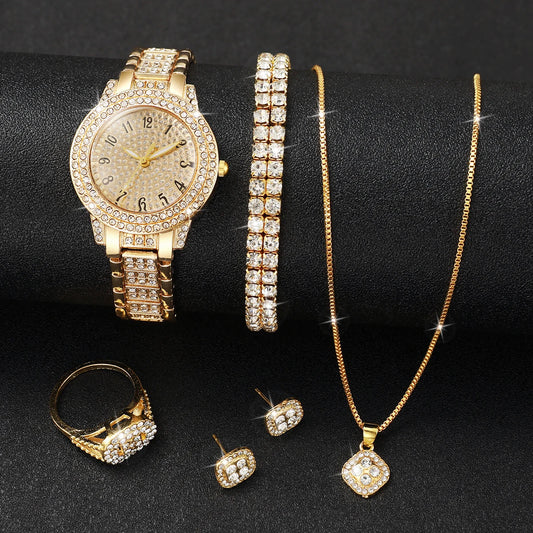 Coffret Montre & Bijoux Femme – Édition Diamant Or (6 pièces, sans boîte)