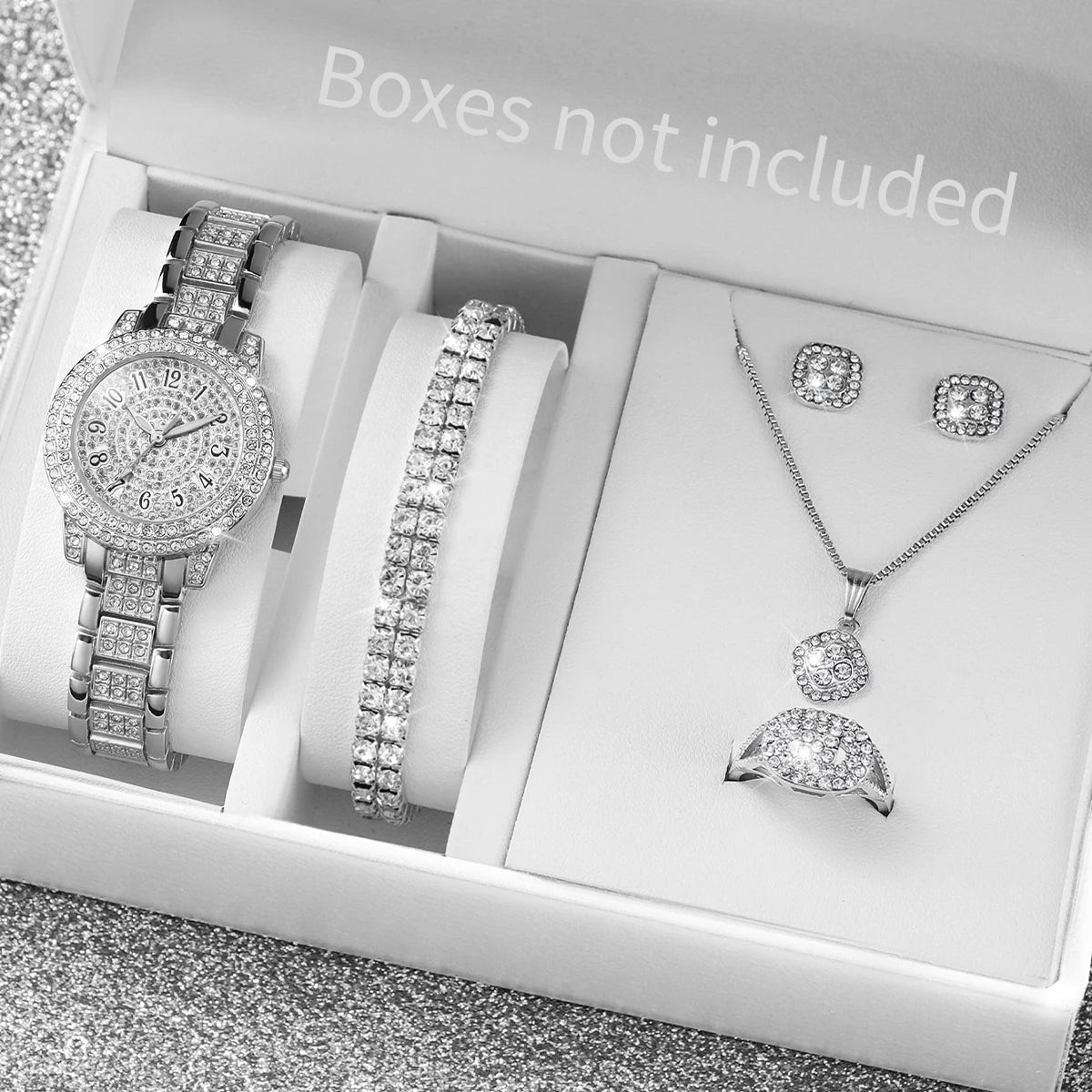 Coffret Montre & Bijoux Femme – Édition Diamant Or (6 pièces, sans boîte)