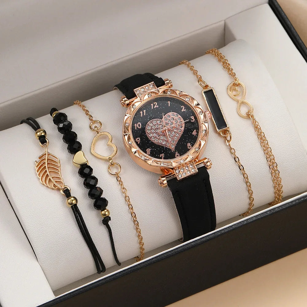Coffret Montre & Bracelets Femme – Édition Élégance Noire (6 Pièces, Sans Boîte)
