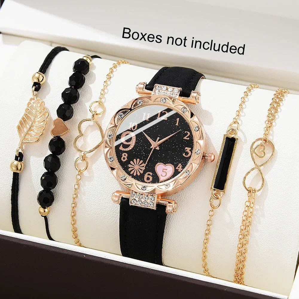 Coffret Montre & Bracelets Femme – Édition Élégance Noire (6 Pièces, Sans Boîte)