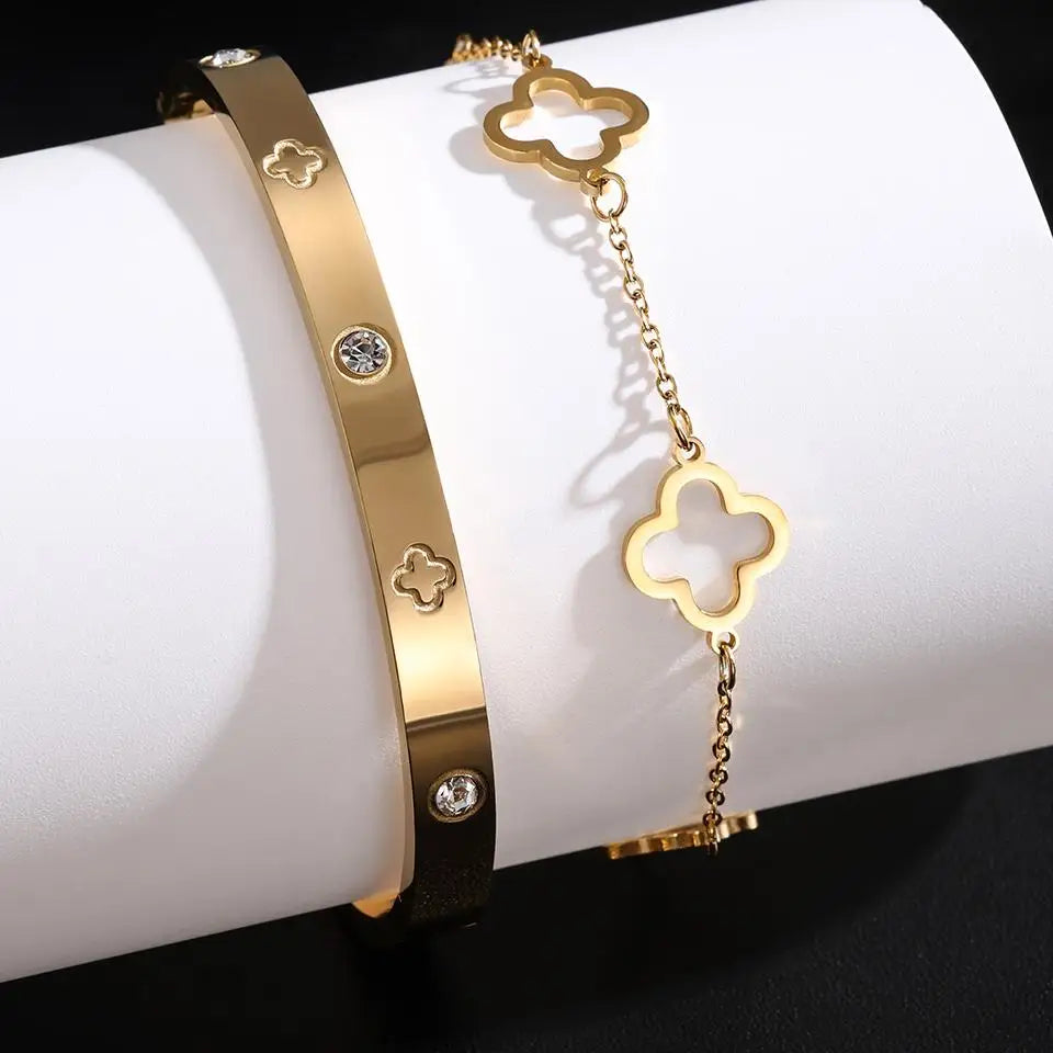 Ensemble Bracelet & Chaîne Trèfle Chance – Acier Premium 18K)