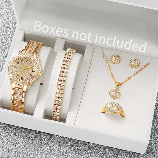Coffret Montre & Bijoux Femme – Édition Diamant Or (6 pièces, sans boîte)