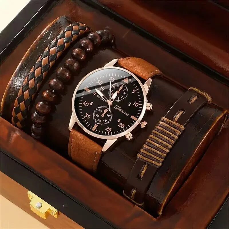 Coffret Montre & Bracelets Homme – Édition Luxe Cuir Marron