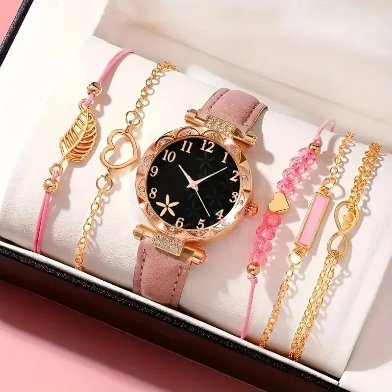 Coffret Montre & Bracelets Femme – Édition Élégance Noire (6 Pièces, Sans Boîte)