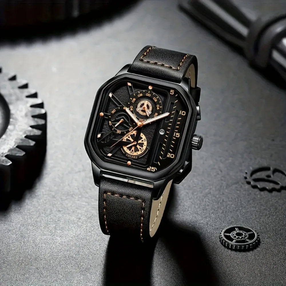 Montre Homme Luxe – Cadran Carré Oversize & Bracelet Cuir – Édition Sport Premium