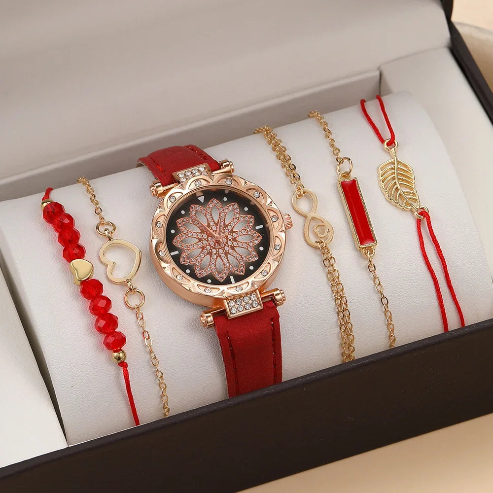 Coffret Montre & Bracelets Femme – Édition Élégance Noire (6 Pièces, Sans Boîte)