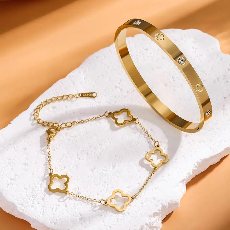 Ensemble Bracelet & Chaîne Trèfle Chance – Acier Premium 18K)