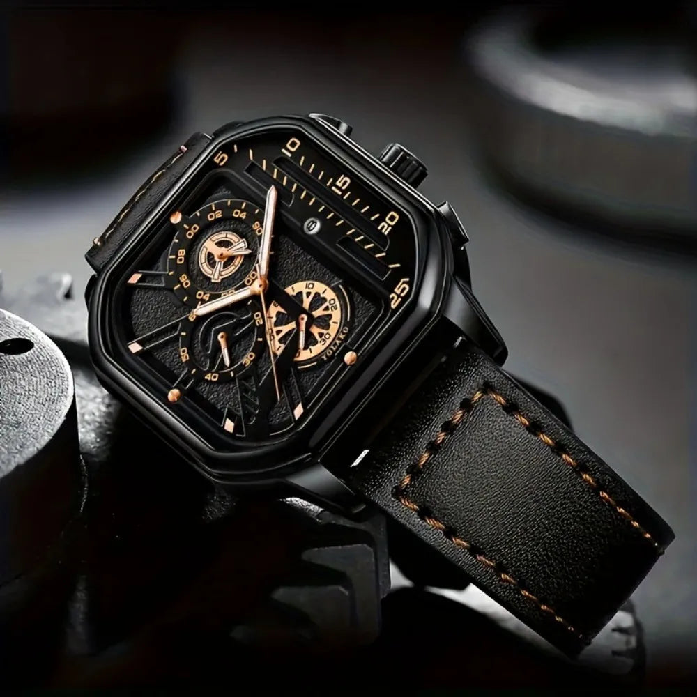 Montre Homme Luxe – Cadran Carré Oversize & Bracelet Cuir – Édition Sport Premium