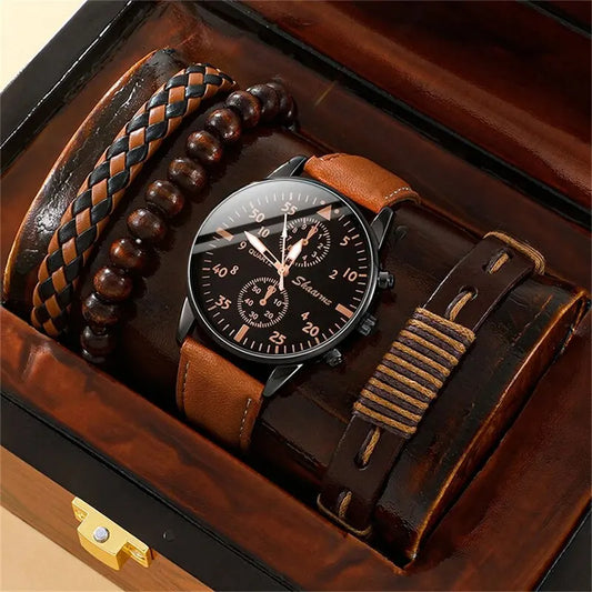 Coffret Montre & Bracelets Homme – Édition Luxe Cuir Marron