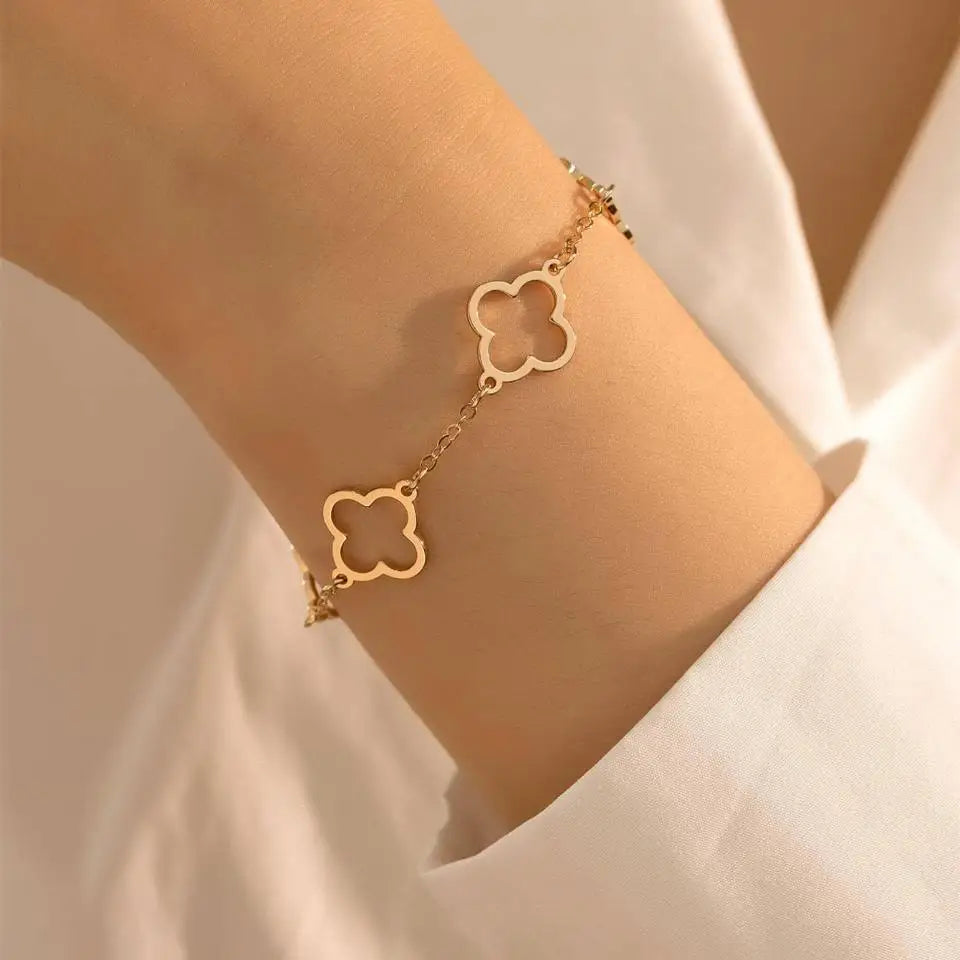 Ensemble Bracelet & Chaîne Trèfle Chance – Acier Premium 18K)