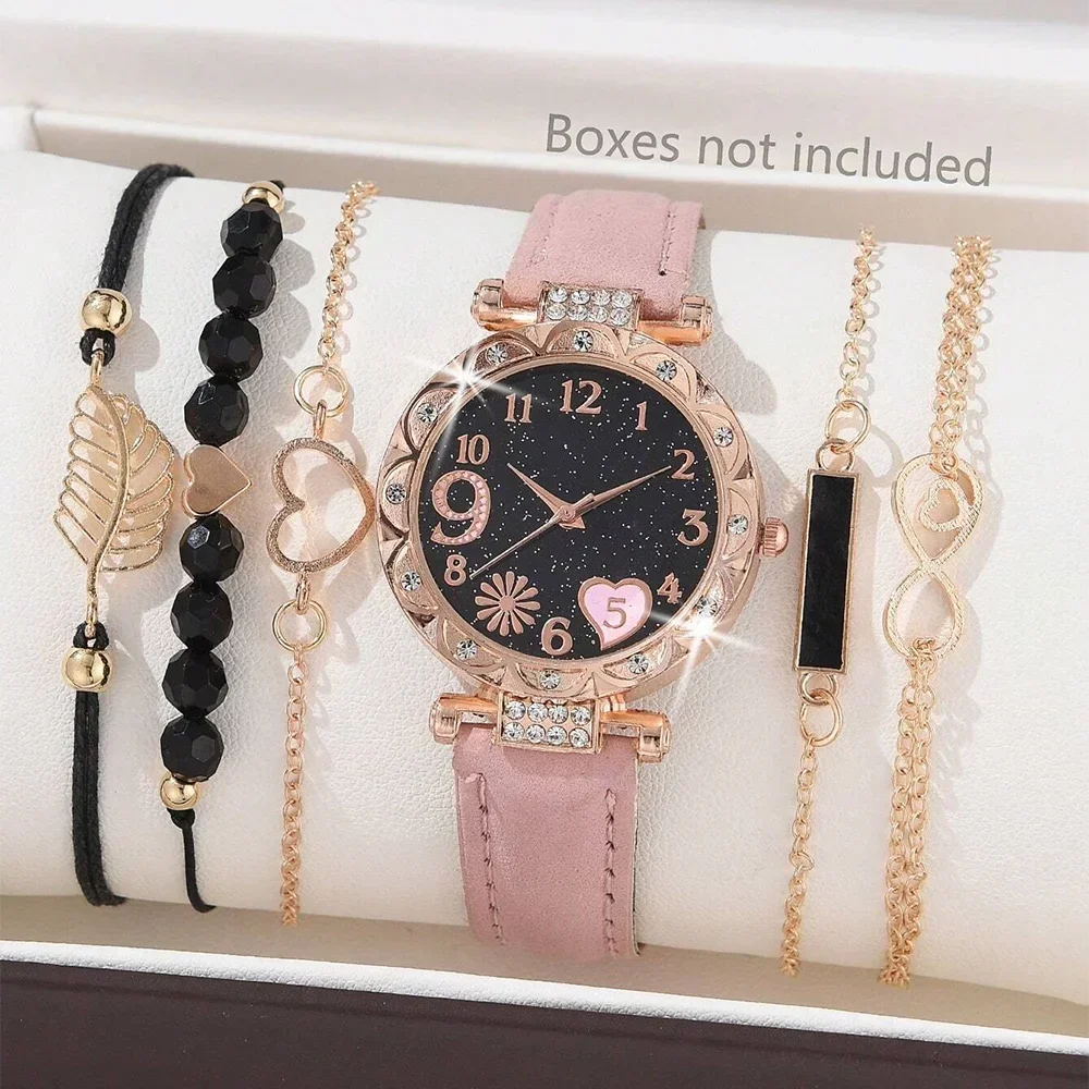 Coffret Montre & Bracelets Femme – Édition Élégance Noire (6 Pièces, Sans Boîte)