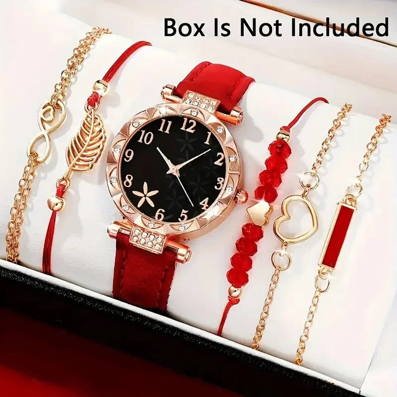 Coffret Montre & Bracelets Femme – Édition Élégance Noire (6 Pièces, Sans Boîte)